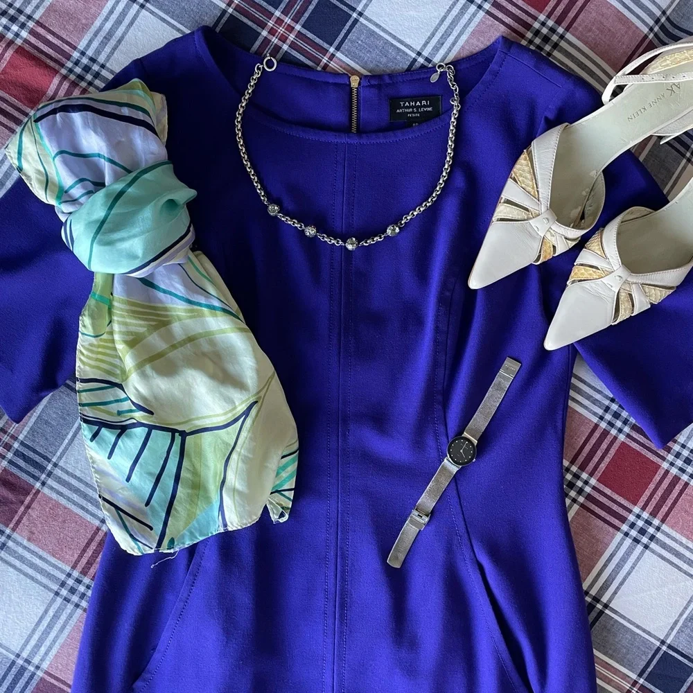 Tahari Seamed A Line half sleeve blue violet dress M 10 EUC - Picture 11 of 15